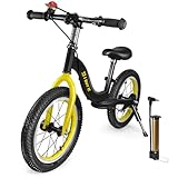 I BUY IT 16 Zoll Laufrad ab 4 5 6 7 Jahre Jungen Mädchen, Verstellbares Kinder Laufräder mit Bremse & Ständer, Kinderlaufrad ohne Pedale mit Luftreifen & Fußstütze (Schwarz & Gelb, 16 Zoll)