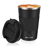 MOMSIV Thermobecher Isolierbecher, 13oz/380ml Rutschfest Edelstahl Travel Mug, Kaffeebecher aus Doppelwandig isoliert Vakuum auslaufsicher Reisebecher mit Deckel Kaffee-to-go Becher, Schwarz