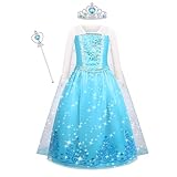 ACWOO Elsa Kostüm Mädchen Abnehmbarer Umhang, Elsa Mädchen Kleid Prinzessin Langarm Falten Pailletten Schneeflocken Kostüm für Weihnachten Verkleidung Karneval Halloween (110CM)