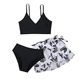 LYZOURBB Badeanzug für Teenager-Mädchen, 3-teilig, Bikini-Set, verstellbares Bikinioberteil mit Blumenmuster, Rock für 8–14 Jahre, Schwarz , 13-14 Jahre
