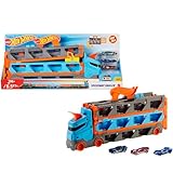 Hot Wheels - 2:1 Autorennbahn zu Transporter, inkl. 3 Spielzeugautos, mit Doppelstarter, Auslösefunktion und Weiche, Platz für 20 Autos, Spielzeug ab 4 Jahre, HGH33