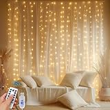 A.bigwhale Lichtervorhang Warmweiß 3x3m, Lichterkette Vorhang Lichter innen, 300 LED Lichtervorhang Weihnachten Timer, USB Lichterketten mit Fernbedienung 8 Modi für Zimmer Wand Party Weihnachts Deko