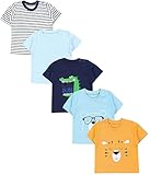 TupTam Baby Jungen Kurzarm T-Shirt mit Aufdruck Unifarben Sterne Streifen 5er Set, Farbe: Löwe Krokodil Bär Streifen Blau Hellblau Gelb, Größe: 68