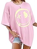 WIEIYM Damen Oversize Shirt Casual Tshirts Rundhals Kurzarm T-Shirt Tops Teenager Mädchen Sommer Bluse Oberteile,Rosa,L