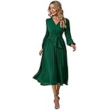 Odizli Herbstkleid Damen Elegant Langarm V-Ausschnitt Wickelkleid Plisseekleid Festlich Hochzeit Hochzeitsgast Lang Abendkleid Herbst Winter Swing Freizeitkleid Winterkleid Sommerkleid Grün M