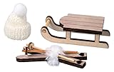 Rayher Holz-Schlitten, Holz-Ski, Strickmütze, Set 3 Teile, Weihnachtsdekoration, Christbaum-Schmuck, 46664999