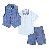 LOLANTA 4-teiliger Kinder Freizeit Anzug Set, Jungen Sommer Festlich Hochzeitsanzug, Kurzarm Hemd, Fliege, Weste, Kurze Hose, dunkelblau kariert, 9-10 Jahre, 150