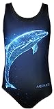 Aquarti Mädchen Badeanzug mit Ringerrücken Print, Farbe: Delfin Digital Blau/Schwarz, Größe: 146
