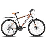 Hiland Mountainbike MTB 26 Zoll mit Rahmentasche 17 Zoll Aluminiumrahmen Scheibenbremse Speichenräder Jugendliche Fahrrad Herr Damen Schwarz&orange