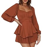 Pink Queen Damen Boho Jumpsuit Laterne Langarm Rüschenschicht Fliege Rücken Taille Mini Kleid Kurzer Strampler Braun M