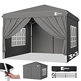 Sunula Pavillon 3x3 Wasserdicht Stabil Winterfest mit 4 Seitenwänden, Faltpavillon 3x3m mit Verdickten Röhren, Partyzelt Gartenpavillon Faltzelt für Camping Festival Party (Grau, Mit Seitenwänden)