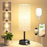 Kakanuo Nachttischlampe Touch Dimmbar, Tischlampe mit USB A+C+Steckdose Ladefunktion, Lampenschirm aus Leinenstoff, Lampe für Nachttisch Wohnzimmer Schlafzimmer Kinderzimmer Büro(Inklusive Birne)