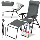 ELONEO Campingstuhl faltbar mit Abnehmbarer Beinauflage, Klappstuhl aus Aluminium, Gartenstuhl klappbar, Liegestuhl mit Verstellbarer Rückenlehne, Camping Chair grau
