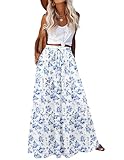 Hotouch Langer Rock Damen Elegant Maxirock mit Taschen Elastische Hohe Taille Sommerrock Lässig Flowy Strandrock A-Line Maxi Skirt Blumen-B L