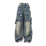 BILIKEYU Mädchen Streetwear Denim Cargohose Hohe Taille Bodenlang Baggy Jeans mit weitem Bein und Taschen 5 bis 16 Y (Blue, 11-12 Years)
