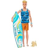 Barbie Ken Surfer Set - Bewegliche Blonde Ken-Puppe mit Surfbrett, Hündchen und Strand-Accessoires für belebende Strandabenteuer, für Kinder ab 3 Jahren, HPT50