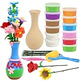 LOHAME 12 Stück Blumen Basteln Kinder Frühling Modelliermasse Lufttrocknend Bastelset Mama Geschenk Blumensträuße Kreativsets Modellierknete mit Vase Kreativ DIY für Junge Mädchen