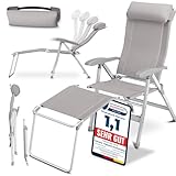 ELONEO Campingstuhl faltbar mit Abnehmbarer Beinauflage, Klappstuhl aus Aluminium, Gartenstuhl klappbar, Liegestuhl mit Verstellbarer Rückenlehne, Camping Chair Taupe