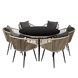 di volio Gartenmöbel-Set RIETI Beige/Grau, Garten Möbel aus Polyrattan und Stahl, Gartenmöbel für 6 Personen - Couchtisch & 6 Stühle