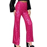 OBEEII Glitzer Hose Damen Pailettenhose Weites Bein Hose Elastische Taille Lose Fit Glitzerhosen Elegant Frauen Freizeithose Party Festival Club Mode Hosen Hot Pink S
