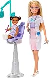 Barbie Zahnärztin-Puppe, Modepuppe mit blonden Haaren, blauem Kleid und Laborkittel, 1 Kinderpuppe, Untersuchungszubehör und passende Accessoires, JCR74