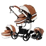 NADDLILY PU-Leder Kinderwagen 3 in 1, Buggy mit Umkehrbarem Zwei-Wege-Schub, Kinderwagen Faltbarem Tragbarem One-Click-Design, Kinderwagen 3 in 1 Komplettset mit Zubehör Hohe Landschaft (518 Khaki)