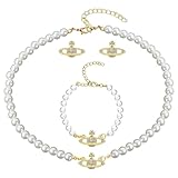 Damen Perlenkette Saturn 3 Stück Saturn-perlenkette-set Perlenkette Damen Armband Ohrringe Pearl Planet Necklace Geburtstags-jubiläums-schmuckgeschenk für Frau Freundin Mutter Tochter Geschenk