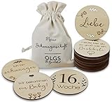 OLGS Holz Schwangerschaft Meilensteinkarten | 40 Meilensteine für werdende Mütter inkl. Stoffbeutel | Für Schwangere & Babybauch Fotos | 20 Holzscheiben Ø10cm