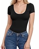 ALGALAROUND Damen T-Shirt Kurzarm Shirt U-Ausschnitt Basic Top Elegant Y2K Oberteile Shirts Slim Fit Tshirt Stretch Sommer Tops 2025 Outfits Schwarz M