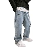 Herren Baggy Jeans Hip Hop Jeans Teenager Junge Streetwear Skateboard Y2K Hose Vintage Bedruckte Jeans Skater Skateboard Hose (Color : Blue, Size : M)