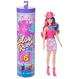 Barbie Color Reveal Modepuppe und Accessoires mit 6 Überraschungen, Disco Star-Reihe mit metallischem Glanz und Oberteil mit Farbwechsel (Stile können abweichen), JCP01