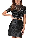 SEBOWEL Damen Glitzer Stern Oberteil Kurzarm Crop Top Party Festivals Shirts Transparenten Schwarz L