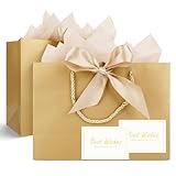 Geschenktüten, TACHIO 2er Set Papier Geschenktaschen mit 4 Seidenpapierbögen und 2 Karten, Personalisierte Geschenkbeutel mit Band für Frauen/Männer Geburtstag, Hochzeit, Taufe, Party(Champagner Gold)
