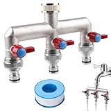 3-Wege Wasserhahn Wasserverteiler: Garten Wasserverteiler aus Messing für 3 Gartenschlauch Adapter, 3er Verteiler 3/4' Adapter 1/2' mit Kugelhahn zum Einstellen Absperren Wasserflusses