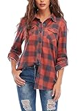 Timuspo Damen Kariertes Hemd mit Knopfleiste Langarm Oktoberfest Bluse Karo Tunika Baumwolle Tops Casual V-Ausschnitt Oberteile/M