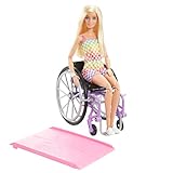 Barbie Fashionista-Puppe, Rollstuhl mit blonden Haaren und Regenbogen-Jumpsuit, Rollstuhl und Rampe, Puppe inklusive, Geschenk für Kinder, Spielzeug ab 3 Jahre,HJT13