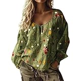 Generisch Sommer Tunika Damen-Hippie Bluse Frauen Sommer Langarm V-Ausschnitt Vintage-Stil Boho Blumenhemd mit lockere Blumenmuster Tunika Damen-Oberteil Blusenshirt Ausgefallene Strandhemd