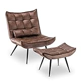 MCombo Sessel mit Hocker, moderner Relaxsessel mit Taillenkissen für Wohnzimmer, Retro Vintage Lesesessel Loungesessel Stuhl Polstersessel,Mikrofaserstoff,4779 (Braun)