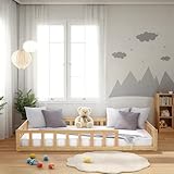 Homestyle4u Bodenbett 120x200 Natur Montessori Kinder Holzbett Kinderbett mit Rausfallschutz Lattenrost
