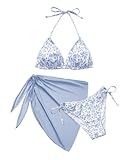 Svanco Cute Bikini Damen Set 3 Teilig mit Blumenmuster - Triangle Neckholder Oberteil, Unterteil Seitlicher Schnürung und Wrap Rock