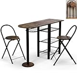 3-teiliges rustikales braunes Esstisch-Set mit Klappstühlen, Regalen und klobigem Metallrahmen, Holz-Küchentisch für Esszimmer, Wohnzimmer und Frühstücksbar