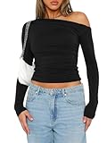 OYIGELZ Langarmshirt Damen Basic Tshirt Schulterfreies Langarm Oberteile Y2K Slim Fit Crop Tops Einfarbig Stretch Baumwolle Pullover Casual Tee Shirts Streetwear(Schwarz,S)
