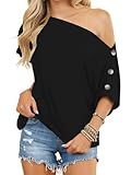 Eniloyal Schulterfreies Oberteil Damen Sommer Elegant Tshirt Oversize Shirt Tops Sexy Fledermaus T-Shirt Cold Shoulder Party T Shirt Kurzarm Lässige Locker Schwarz