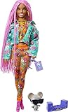 Barbie GXF09 - Extra Puppe, Pinke Flechtzöpfe, in Floral bedruckter Jacke & Hose, DJ Haustier-Maus, mehrlagiges Outfit & Accessoires, Flexible Gelenke, Spielzeug Geschenk für Kinder ab 3 Jahren