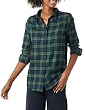 Amazon Essentials Damen Flanellhemd, Klassische Passform, langärmelig, leicht, kariert, Dunkelgrün, Marineblau, Medium Plaid, Large