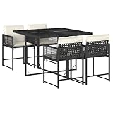 vidaXL Garten Essgruppe 5-TLG., Gartenmöbel Set Tisch mit 4 Stühle, Gartengarnitur mit Kissen, Sitzgruppe Essgarnitur Terrasse, Schwarz Poly Rattan