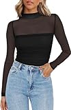 Zeagoo Langarmshirt Damen Rundhal Netzoberteil Sexy Party Top Mesh T Shirt Langarm Frauen Clubwear Für Halloween Karneval Schwarz L