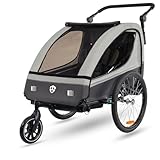 Tiggo VS Kinderanhänger 360° Drehbar mit Federung 2in1 Fahrradanhänger mit Buggy Set Jogger 5-Punkt Gurt Fahrrad Anhänger für 1 bis 2 Kinder max. 40kg (Grau)