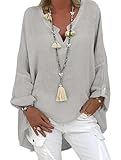 Tincini Leinenbluse Damen Bluse Sommer Tunika V-Ausschnitt Longbluse Große Größen Leinenhemd Blusenshirt Langarmshirt Leinen Baumwolle Hemd Oberteile (F Grau1, XL)