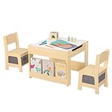 OOOK 4-in-1 Kindertisch mit 2 Stühlen, Kinder Tisch Stuhl Set, Aktivitätstisch mit Weißtafel, Schwarztafel, Aufbewahrungs-Schublade und Bücherablage, Kindersitzgruppe für Kinderzimmer und Spielzimmer